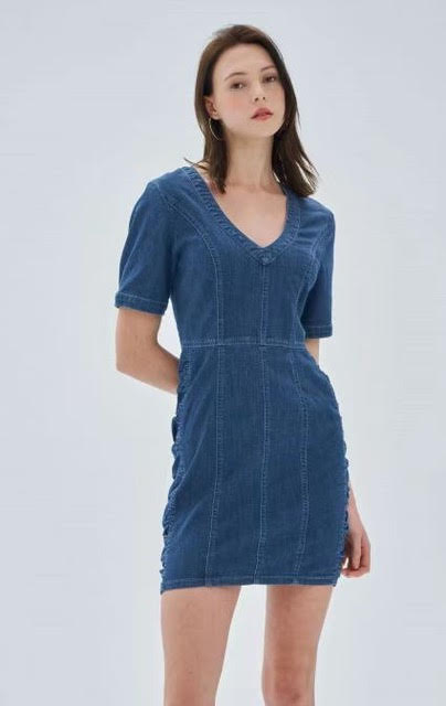 Betty Denim Short Sleeve Ruched Side Mini Dress- Medium Wash