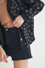 Wishful Wonder Floral Waffle Knit Button Front Hoodie- Black/Rose