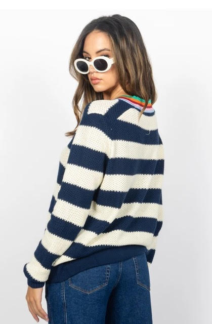 Total Charmer Stripe Trim Detail Button Up Cardigan - Navy/Multi