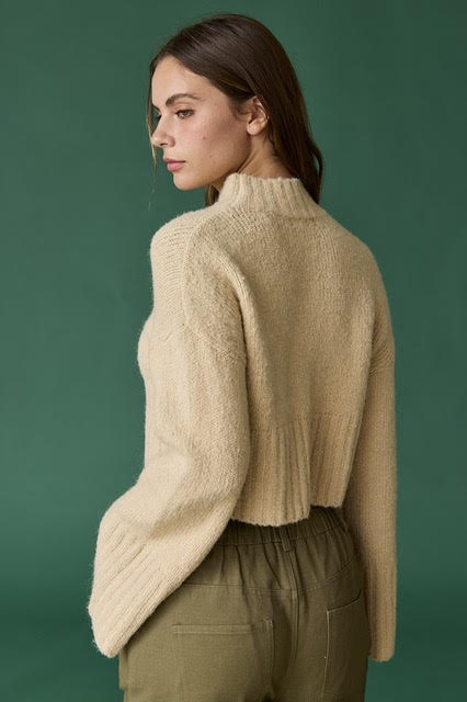 Peony Pop Mock Neck Crop Knit Sweater - Taupe