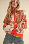 Soleil Soirée Mock Neck Half Zip Floral Sweater- Clementine