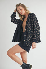 Wishful Wonder Floral Waffle Knit Button Front Hoodie- Black/Rose