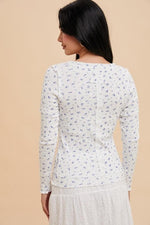 Sweet Pea Ditsy Floral Long Sleeve Top- White/Dusty Blue