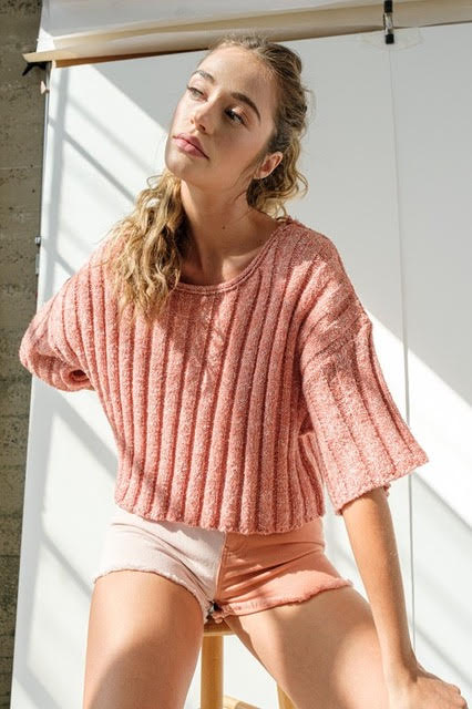 Sweet Cherie Round Neck Short Sleeve Boxy Sweater - Brick