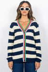 Total Charmer Stripe Trim Detail Button Up Cardigan - Navy/Multi