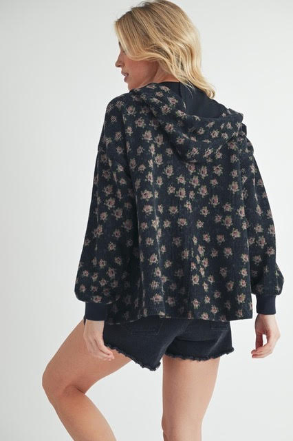 Wishful Wonder Floral Waffle Knit Button Front Hoodie- Black/Rose