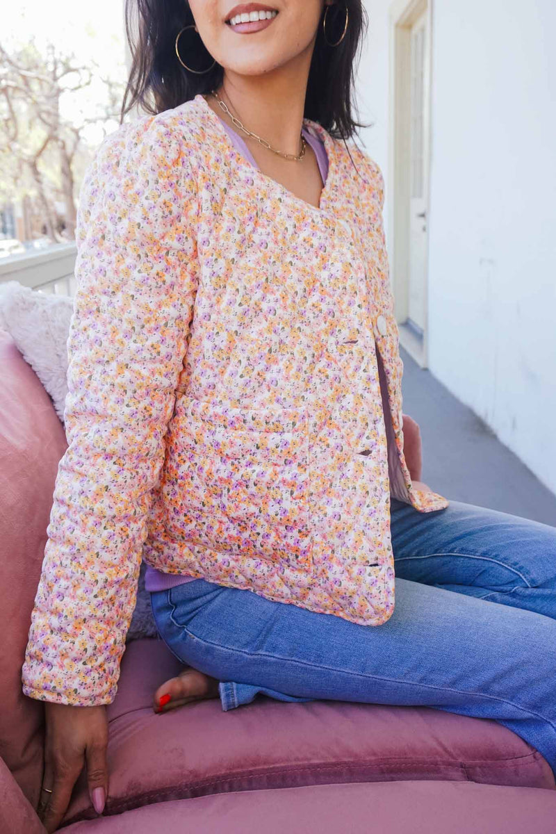 Spring Sweetness Floral Quilted Jacket - Peach/Multi